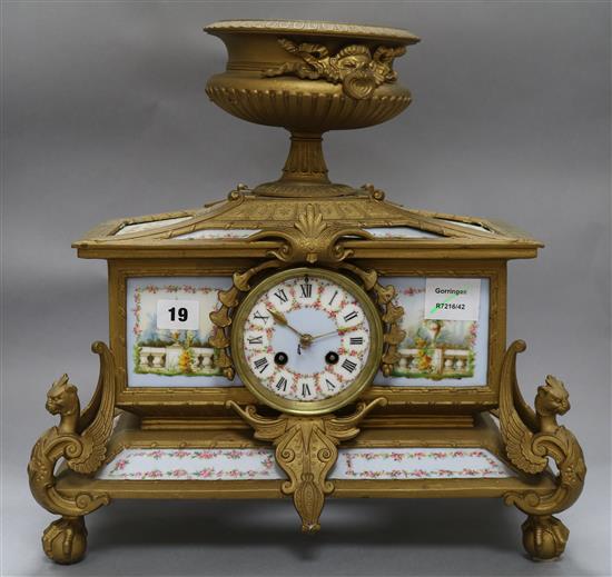 A French gilt metal and porcelain mantel clock height 39cm